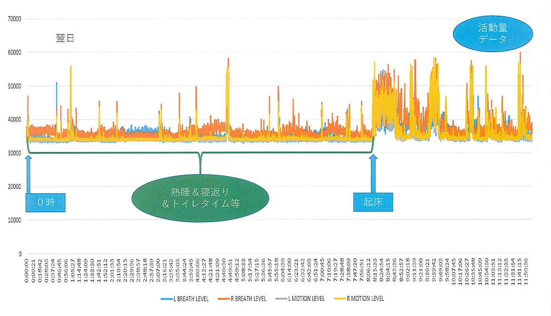 某介護施設の一人部屋での24時間の呼吸と体動の活動量の 変化のグラフ